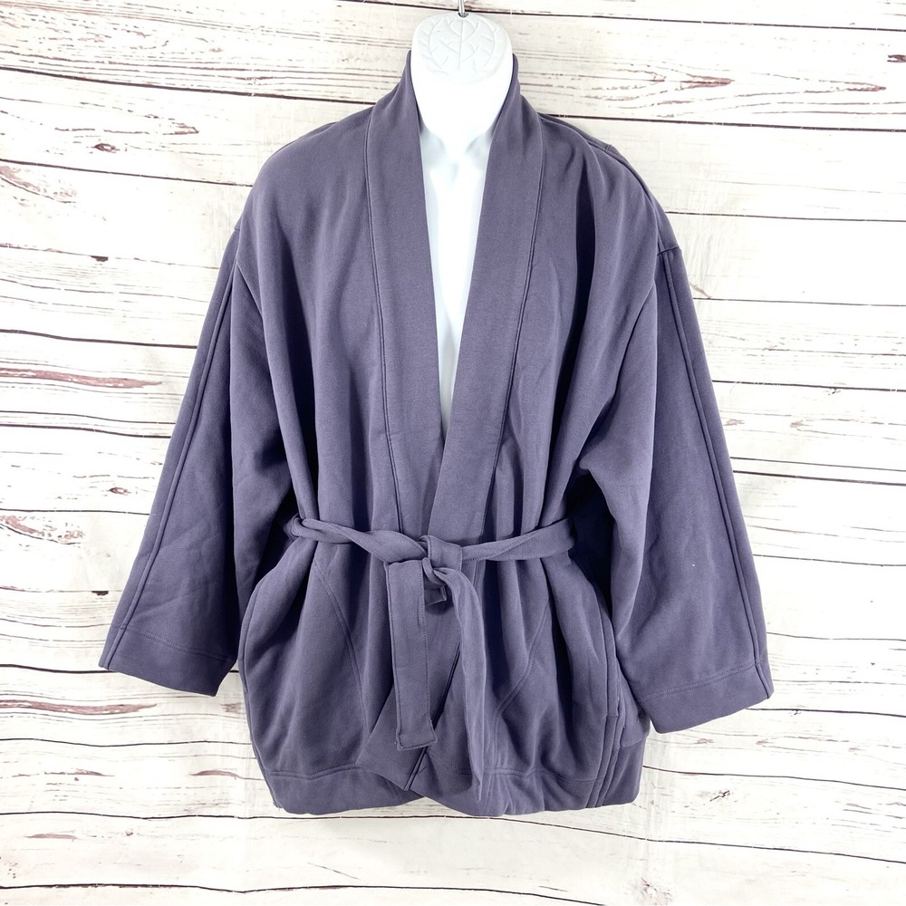 Athleta Sweater Women's L/XL Purple open Cardigan tie Waist cotton pockets